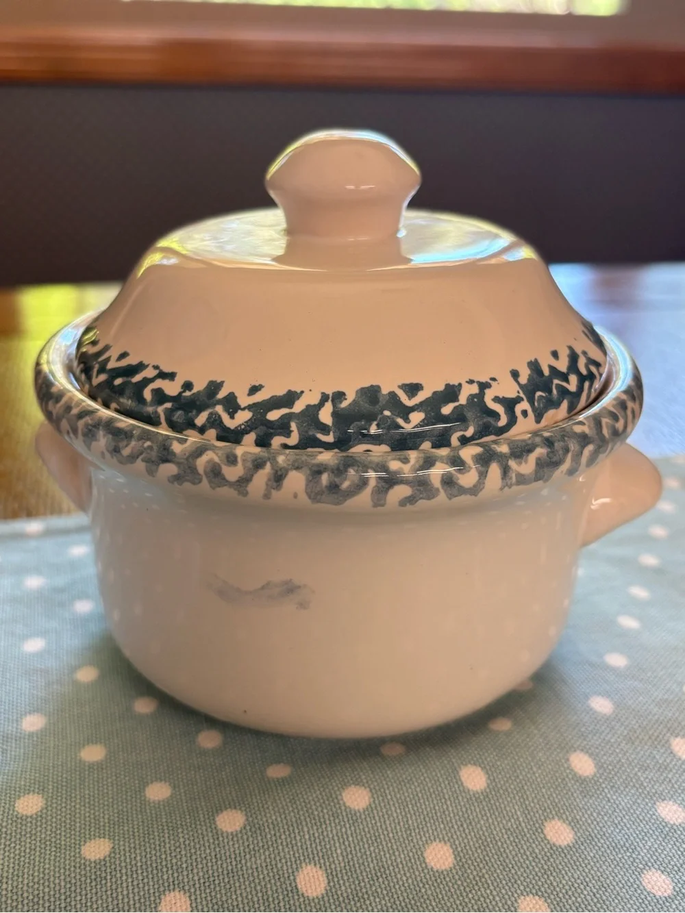 Blue Heart Sponge Pattern Crock with Lid County Kitchen Farmhouse Cottage Core
